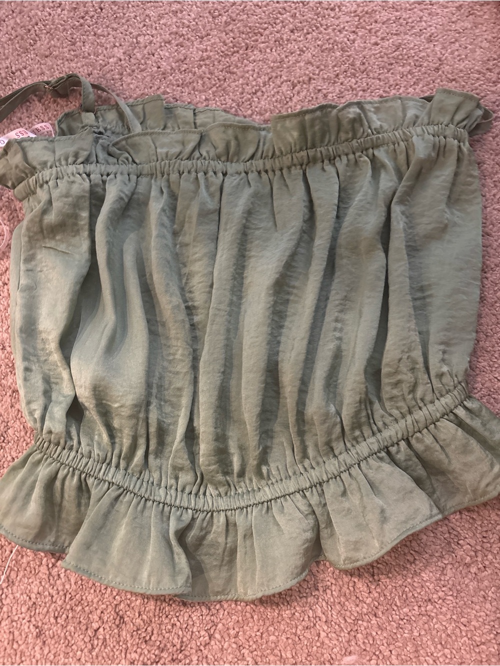 Guess Sage Green Smocked Off-Shoulder Crop Top